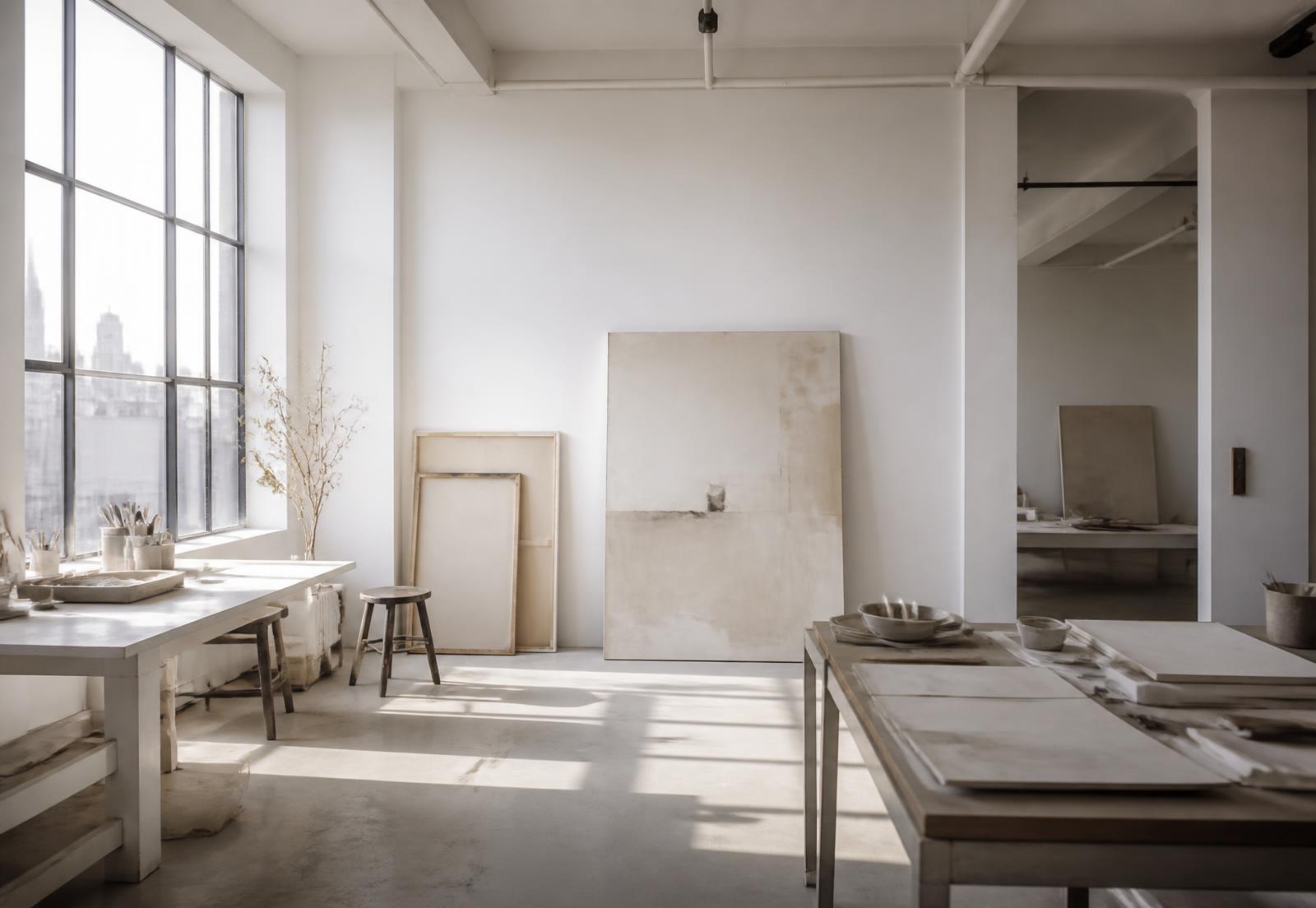 Sunlit ArtLab studio with canvases and worktables